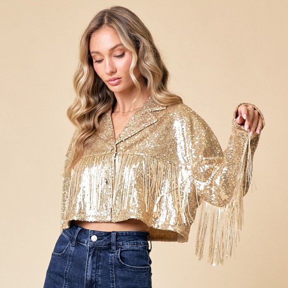NWT!! GOLD CROPPED SEQUINS FRINGE FESTIVAL AND CONCERT JACKET - Picture 2 of 6